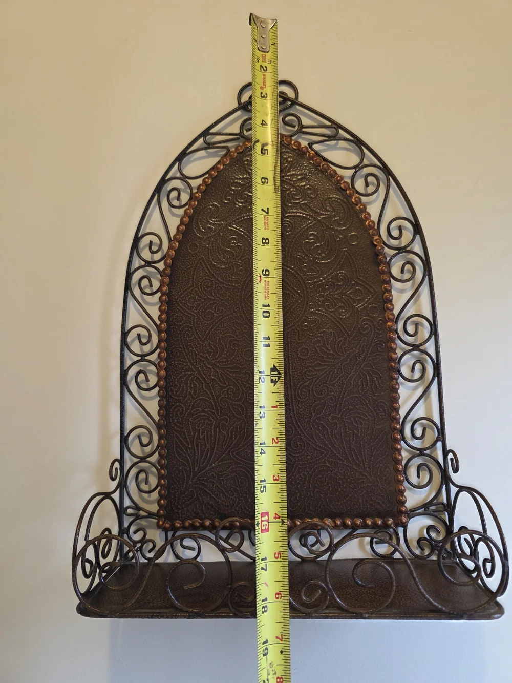 Decorative Antique Bronze & Copper Colord Metal Wall Shelf with Ornate Panel